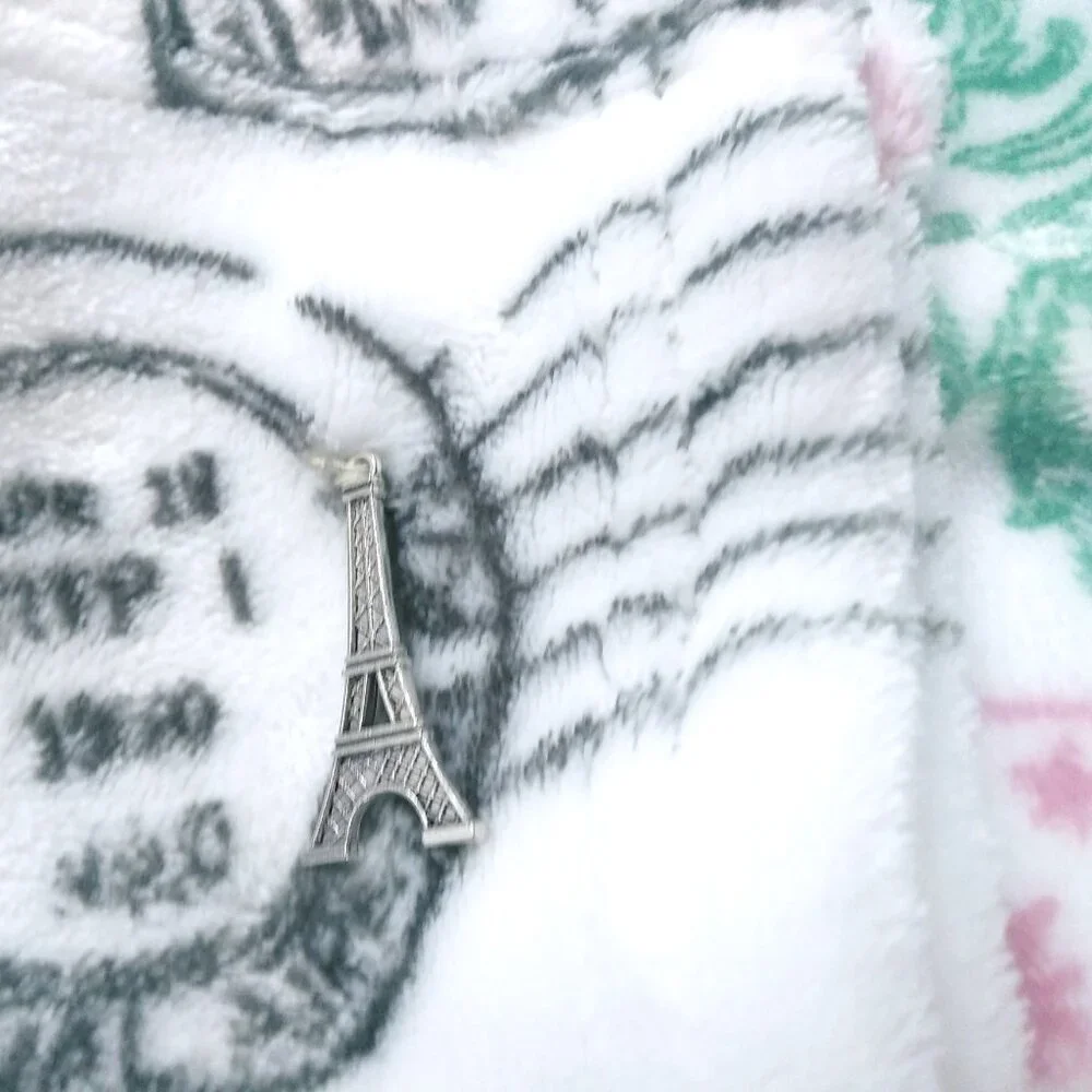 Paris Postmark Throw Blanket - White with Green, Blue & Pink Accents